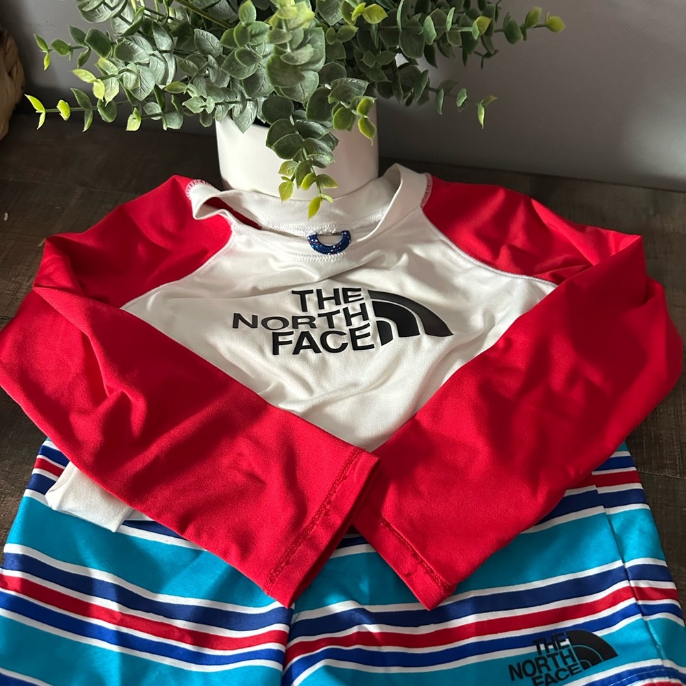 The North Face Red and White Long Sleeve Shirt with Striped Shorts